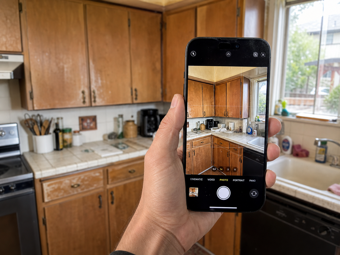 A hand using an iPhone camera to photograph worn kitchen cabinets to get a refinishing price